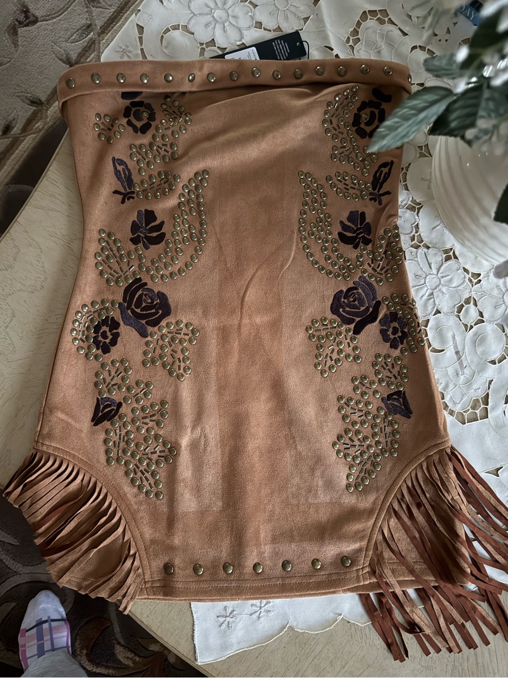 Fringed Studded Strapless Leather Tube Top with Floral Embroidery